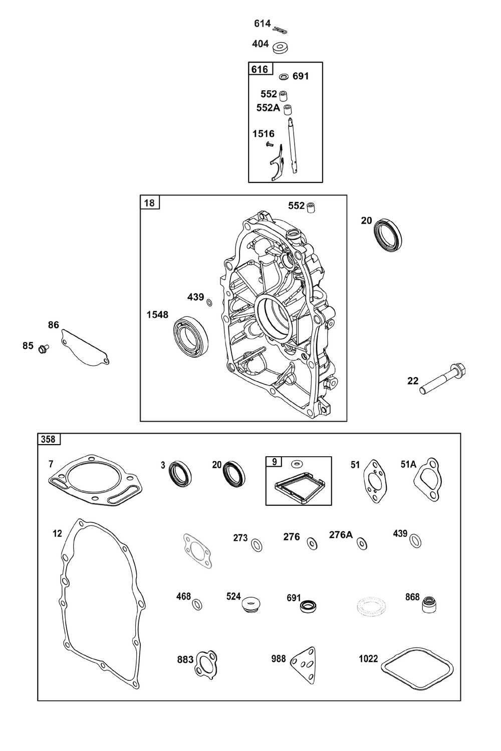 Crankcase Cover/Sump Group Diagram and Parts List for 296447-0003-H5  Briggs and Stratton Engine